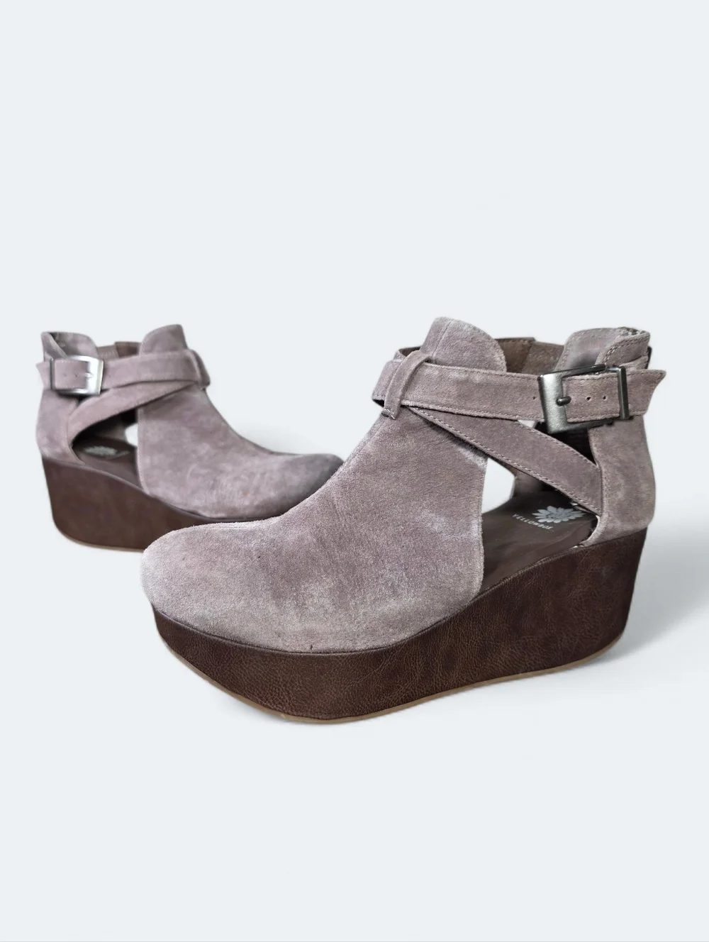 Yellow Box Balera Taupe Suede Cut-Out Wedge Platform Booties Size 6.5